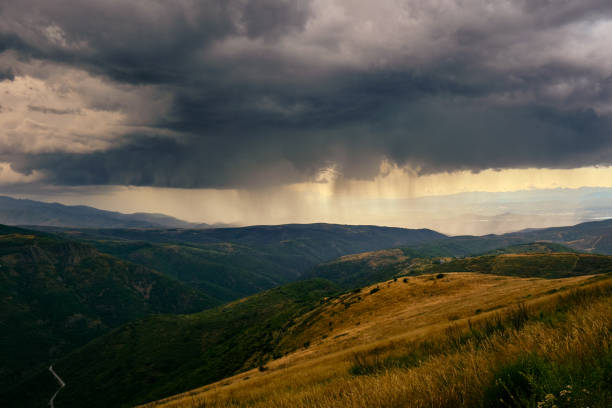 Summer Storm and Rain Falling On Mountains Of Spain During the Camino of Santiago Walk.
