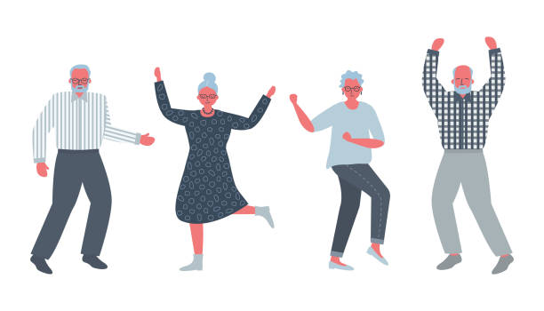 Dancing older people. Cheerful retirees. Old men and old women rejoice and dance Dancing older people. Cheerful retirees. Old men and old women rejoice and dance. Icons of positive elderly people. Vector illustration old people dancing stock illustrations