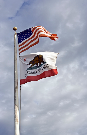 California Bear Republic state flag and Stars and Stripes against steely sky. Vertical