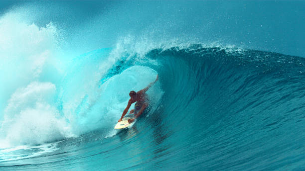 CLOSE UP: Professional surfboarder finishes riding another epic tube wave. CLOSE UP: Young professional surfboarder finishes riding another epic tube wave on a sunny day in French Polynesia. Surfer having fun in the refreshing emerald water on a perfect day for surfing. extreme sports photos stock pictures, royalty-free photos & images