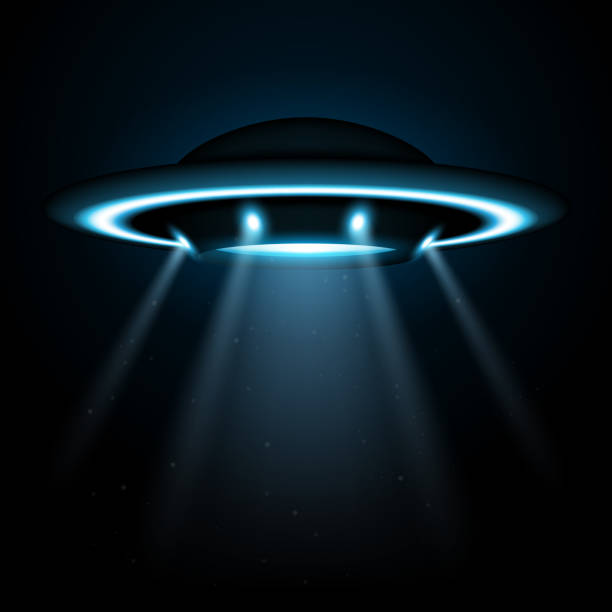 UFO alien flying spaceship with lights UFO alien flying spaceship with lights in vector alien invasion stock illustrations