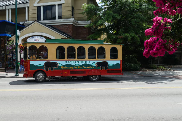 Transportation for tourists in Gatlinburg Gatlinburg, Tennessee, USA-August 8, 2016: Transportation for tourists in Gatlinburg. trolley bus stock pictures, royalty-free photos & images