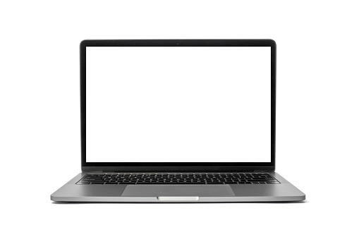 Portátil moderno con pantalla vacía sobre fondo blanco. Diseño de mockup. Copiar texto espacial photo
