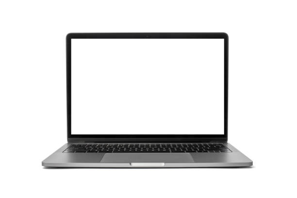 흰색 배경에 빈 화면이있는 현대적인 노트북. 모형 디자인. 공백 텍스트 복사 - 장치 화면 이미지 뉴스 사진 이미지