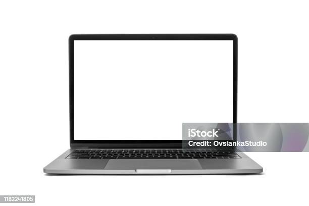 Moderne Laptop Met Leeg Scherm Op Witte Achtergrond Mockup Ontwerp Tekst Van Ruimte Kopiëren Stockfoto en meer beelden van Laptop - Computer