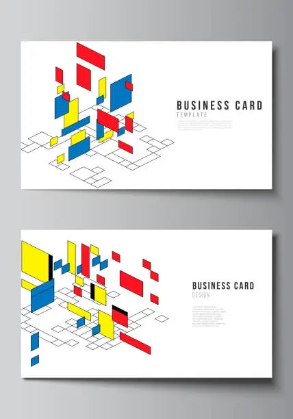 Vector illustration of The minimalistic abstract vector editable layout of two creative business cards design templates. Abstract polygonal background, colorful mosaic pattern, retro bauhaus de stijl design.