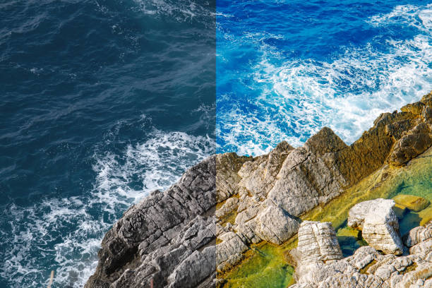 Photo before and after the image editing process. Coastline sea rocks with clear blue water