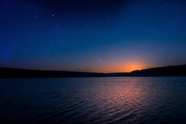 sunset with starry sky over a lake in the summer