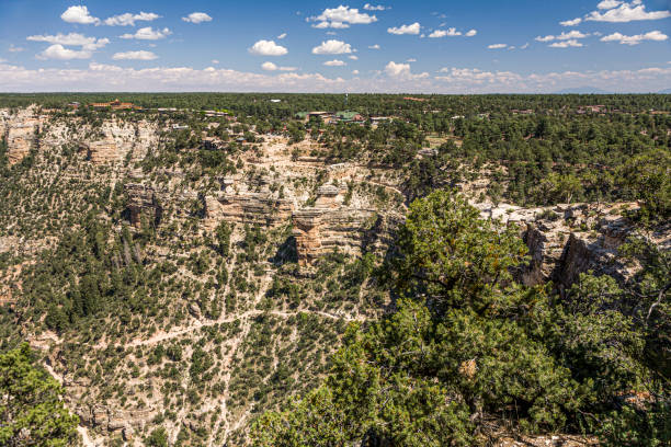 view from  Maricopa Point to Grand Canyon Village and Bright Angel Trail view from  Maricopa Point to Grand Canyon Village and. Bright Angel Trail, USA yaki point stock pictures, royalty-free photos & images