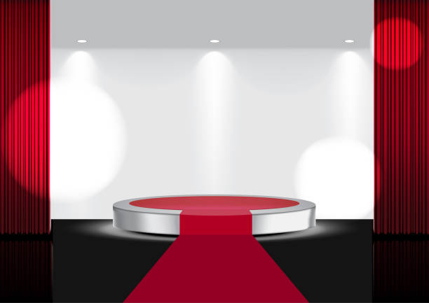 istock 3D Mock up Realistic Open Red Curtain on Metallic Carpet Stage or Cinema for Show, Concert or Presentation with Spotlight background illustration vector 1182246219