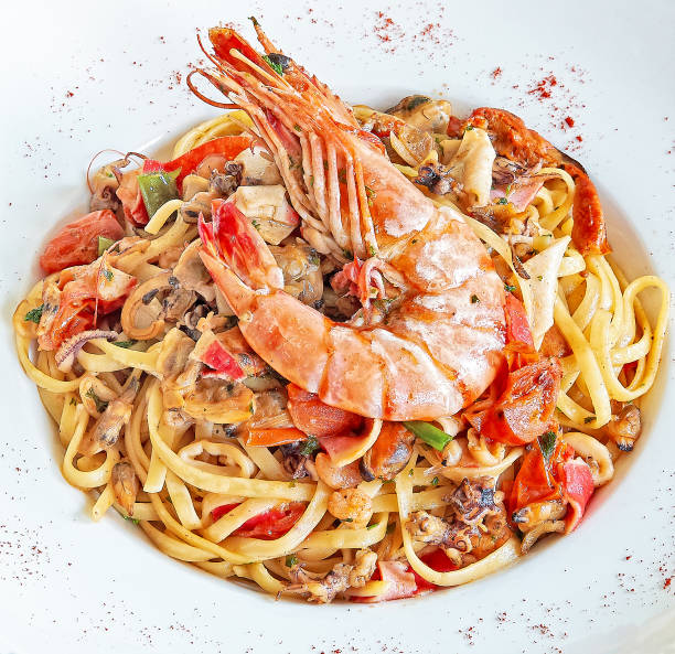 istock White plate with linguini and shrimp 1182246529