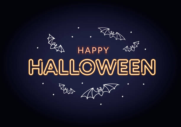 ilustrações de stock, clip art, desenhos animados e ícones de halloween horizontal banner. neon light style. flying bat background. - bat animal flying mammal