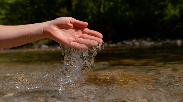 istock COPY SPACE: Unknown girl scoops up a handful of water from a tranquil brook. 1182249451