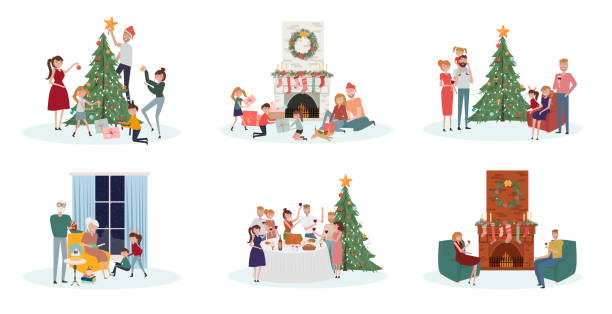 Celebratory scenes with people of different ages preparing for the holiday Celebratory scenes with people of different ages preparing for the holiday, decorate the Christmas tree, sit by the fireplace, gala dinner, give and unpack gifts. decorating illustrations stock illustrations