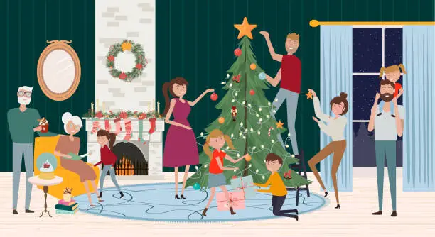 Vector illustration of Men, women and children decorating Christmas tree and sitting beside fireplace.