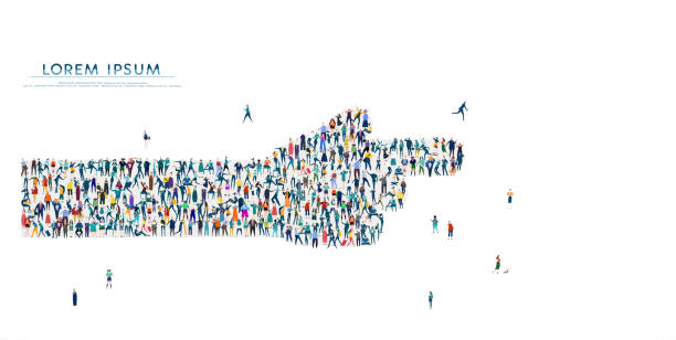 istock Hand pointing direction. Large group of business people, workers, family members and students organised into humans hand. Collection of icons made of little busy people. 1182253421