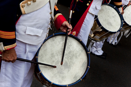 Close up of drums in a French marching band during a parade