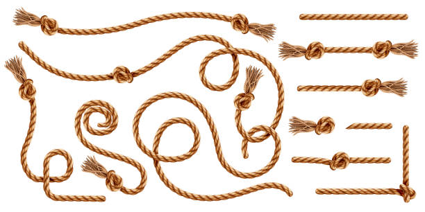 Set of isolated knotted ropes with tassels or realistic cords with brush and knot. Nautical 3d thread or realistic hemp whipcord with loops and noose. Twisted and braided, folded, spiral fiber. Set of isolated knotted ropes with tassels or realistic cords with brush and knot. Nautical 3d thread or realistic hemp whipcord with loops and noose. Twisted and braided, folded, spiral fiber. hangmans noose stock illustrations