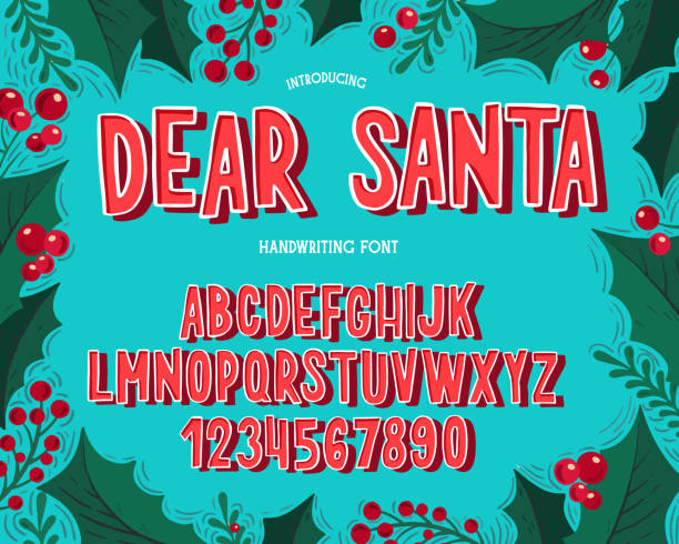 Christmas font. Holiday typography alphabet with season wishes and festive illustrations. Type design for holiday new year celebration. Design vector background with hand-drawn lettering.