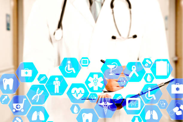 istock Medical network connection on the virtual touch screen and Doctor with stethoscope in hospital background.Technology and medicine concept. 1182259996