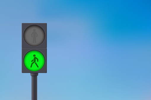 Pedestrian Traffic Light. Green light on. Sky background. Vector illustration