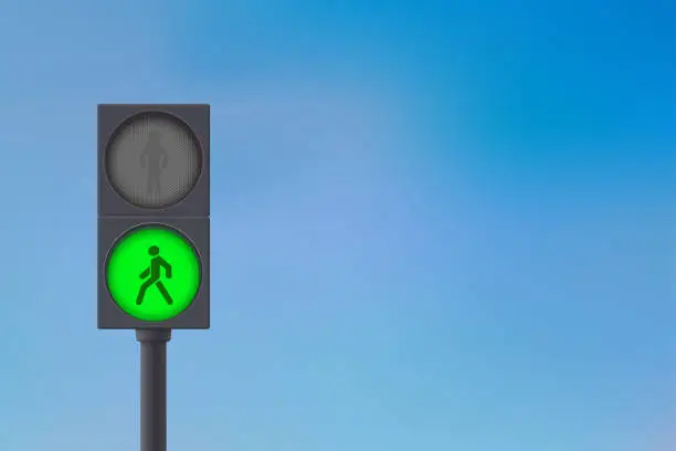 Vector illustration of Pedestrian Traffic Light. Green light on. Sky background