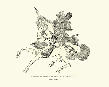 Vintage engraving of Samurai cavalry carrying a bow, Mounted archer, 16th Century