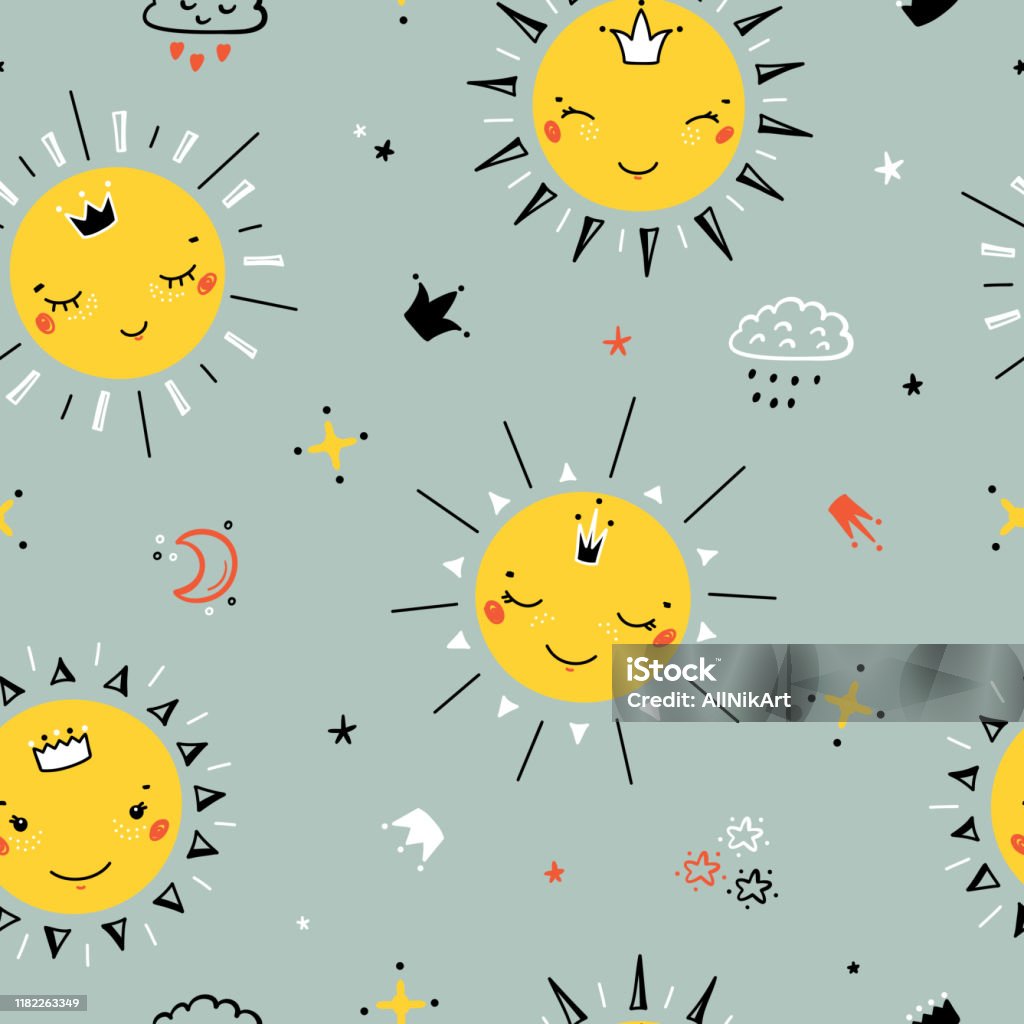 Ilustración de Patrón Sin Costuras Con Lindos Sols De Princesa Nubes Y  Coronas Dibujos Animados Doodle Divertido Feliz Cara Del Sol Vector  Ilustración Vectorial Fondo Vectorial Del Cielo Para La Moda De