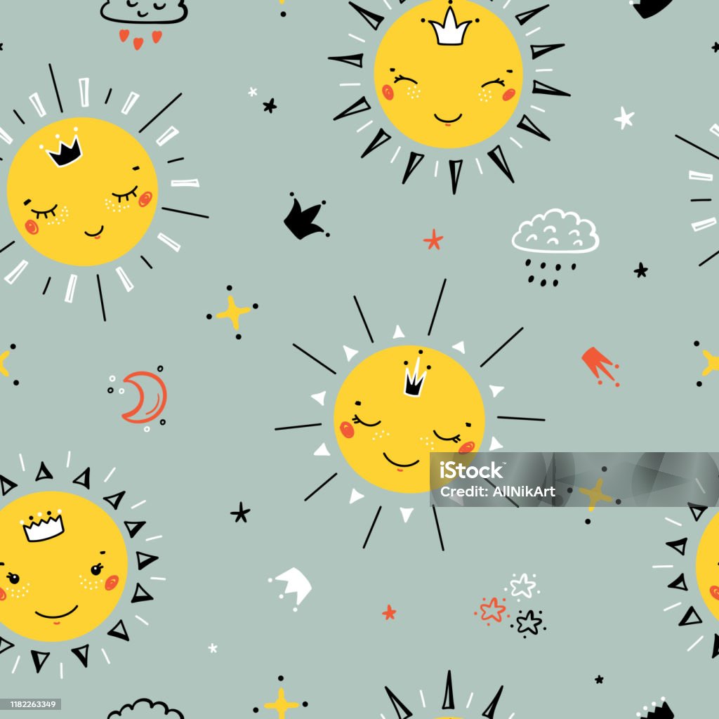 Ilustración de Patrón Sin Costuras Con Lindos Sols De Princesa Nubes Y Coronas Dibujos Animados Doodle Divertido Feliz Cara Del Sol Vector Ilustración Vectorial Fondo Vectorial Del Cielo Para La Moda De Ilustración de Patrón Sin Costuras Con Lindos Sols De Princesa Nubes Y Coronas Dibujos Animados Doodle Divertido Feliz Cara Del Sol Vector Ilustración Vectorial Fondo Vectorial Del Cielo Para La Moda De