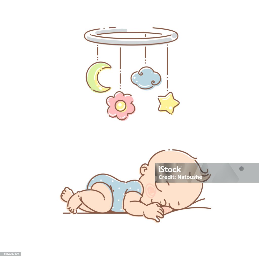 Little Baby Girl Sleep Under Mobile Toy Stock Illustration ...