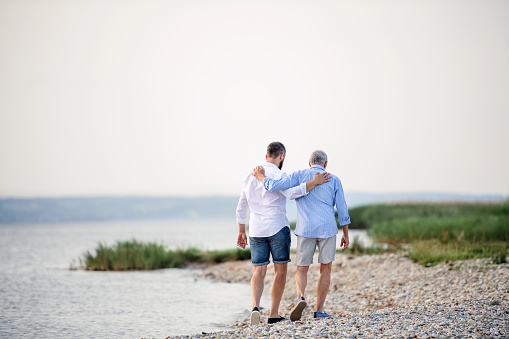 A rear view of senior father and mature son walking by the lake. Copy space.