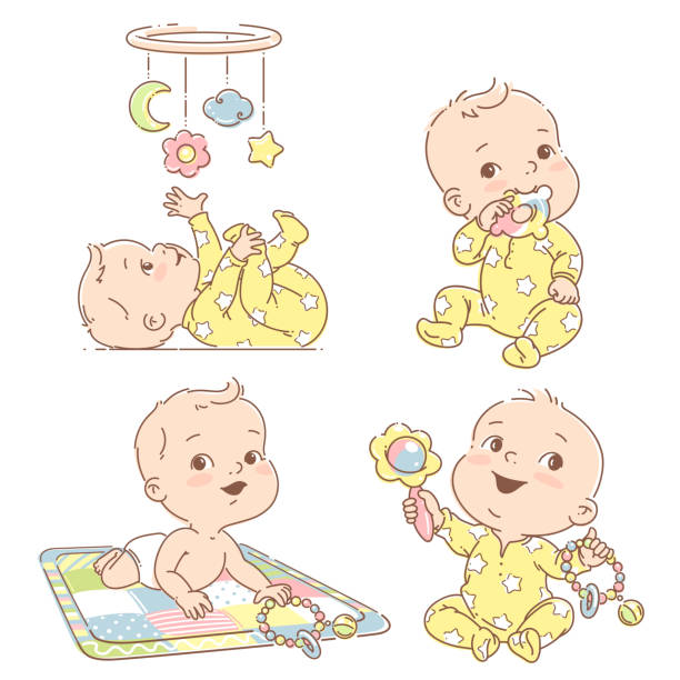 set von babys spielen spielzeug. spiele des ersten jahres. - beißring stock-grafiken, -clipart, -cartoons und -symbole