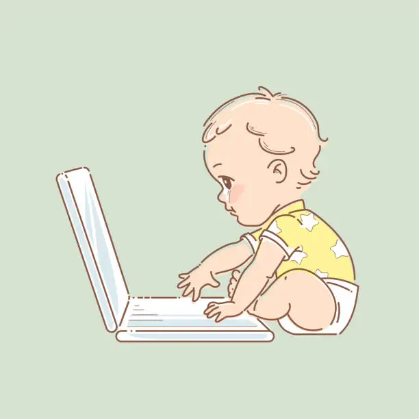 Vector illustration of Cute baby in diaper with laptop.