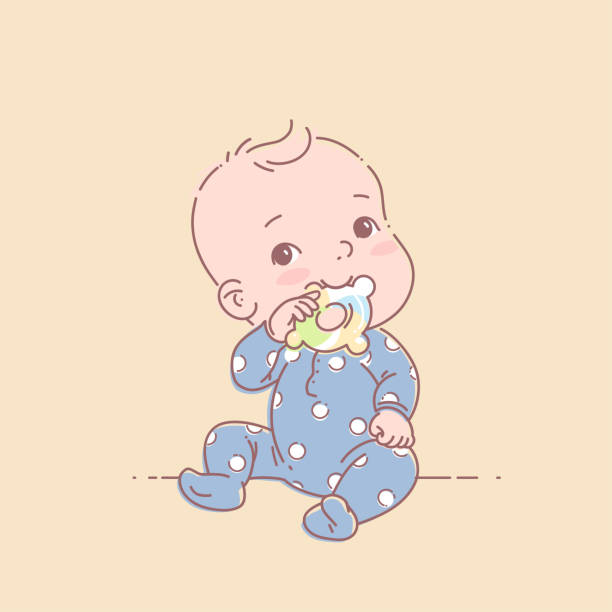 kleine kleine junge in blauen pyjamas sitzen, halten beißring. - beißring stock-grafiken, -clipart, -cartoons und -symbole