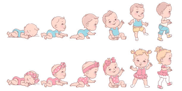 девочка и мальчик в ряд. - steps baby standing walking stock illustrations