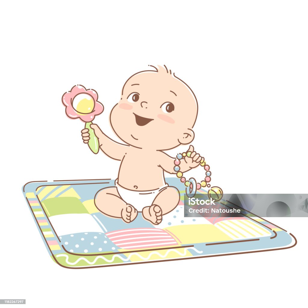 Cute Little Baby Of 612 Months In Diaper Sit On Development Mat With Toys  Stock Illustration - Download Image Now - iStock