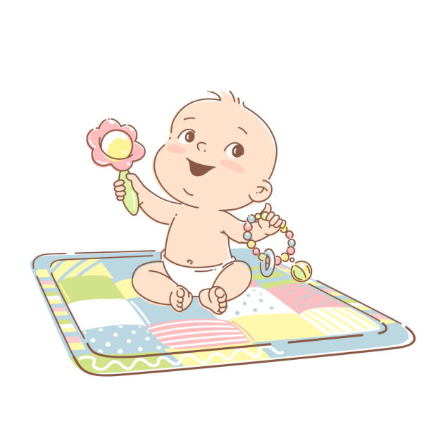 Cute little baby of 6-12 months, in diaper, sit on development mat with toys. Cute smiling toddler play toys, learn colors. Happy kid.  First year activity. Color vector illustration. baby play stock illustrations