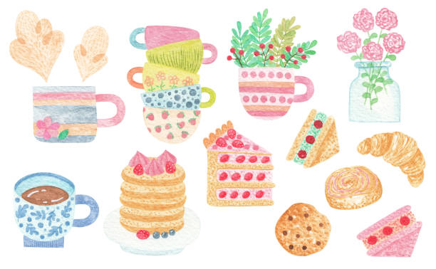 istock Watercolor cute set of Tea and Sweets elements - kettle, cookie, tea, cake, teapots, pancakes and other tasty food and drinks. Tea Time and Breakfast Time collection. 1182268619