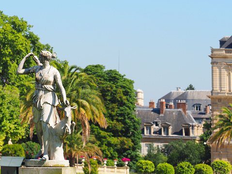 Paris, France - June, 2018: Statue of Diana, a Roman goddess of the hunt, Luxembourg gardens and palace in Paris, France