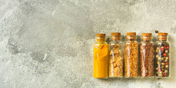 istock spices, many different types, textures (peas, red pepper, black pepper, turmeric, mountain salt, chia seeds, mustard and much more) menu concept. food background. copy space. Top view 1182273410