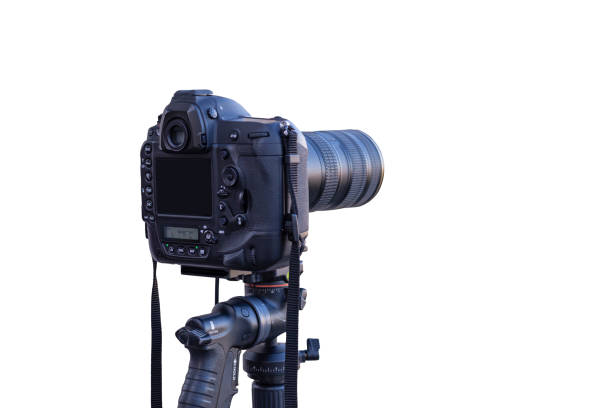 istock Isolated camera on tripod close-up. Blank screen for mockup. 1182274539
