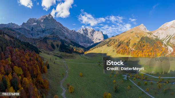 Aerial Panorama Of Ahornboden Karwendel Mountains Tyrol Austria Stock Photo - Download Image Now