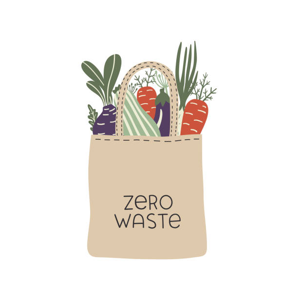 Textile eco-friendly reusable shopping bag with lettering Zero Waste. Conceptual ecologic hand drawn vector illustration. Textile eco-friendly reusable shopping bag with lettering Zero Waste. Conceptual ecologic hand drawn vector illustration. recycling illustrations stock illustrations