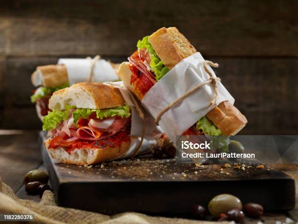 Italian Sandwichs With Roasted Red Peppers Stock Photo - Download Image Now - Sandwich, Take Out Food, Submarine Sandwich