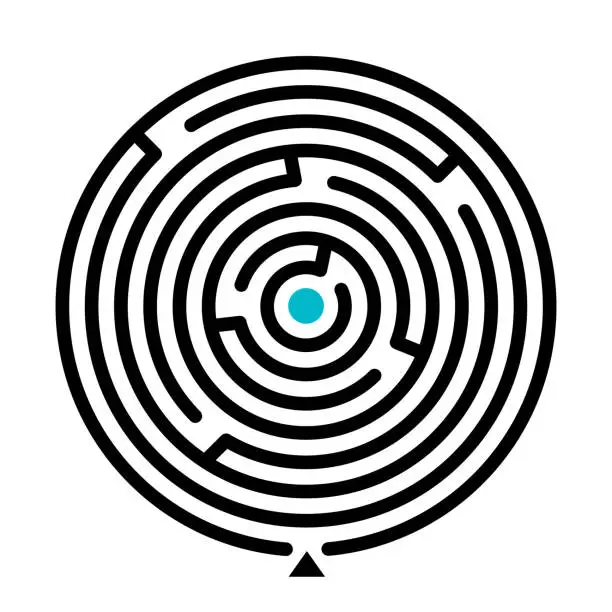 Vector illustration of Round labyrinth vector illustration. Find path educational game on white background