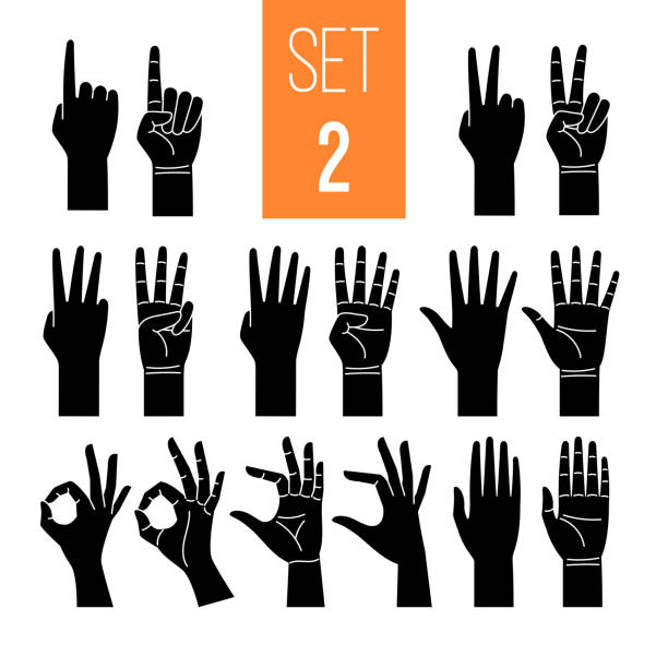 рука женщины показывая жест glyph иконы установлено - sign language american sign language human hand deaf stock illustrations