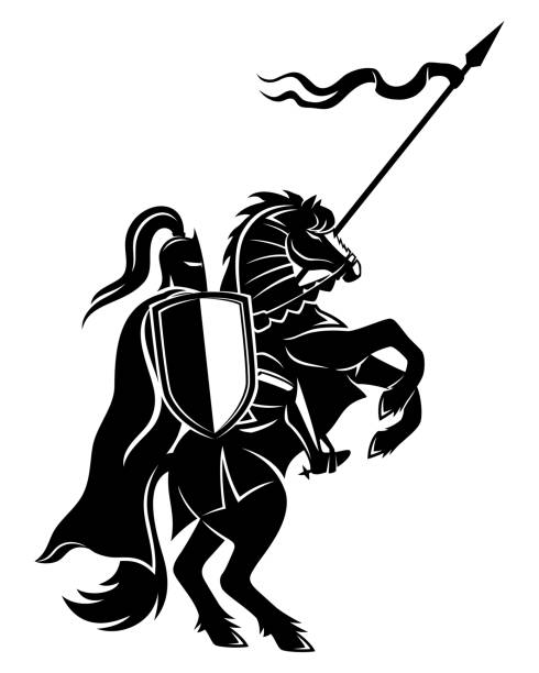 древний воин на лошадях. - weapon spear medieval lance stock illustrations