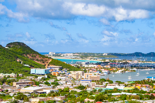 The drone aerial view of English Harbor and Falmouth Harbor, the southern coast of Antigua.