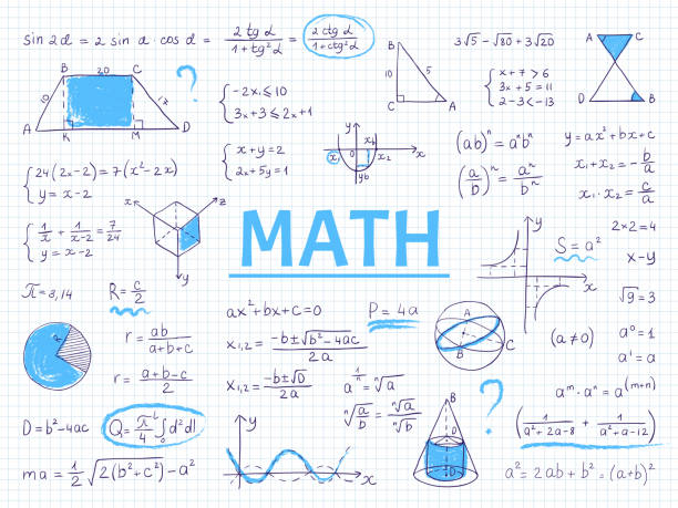 ilustraciones, imágenes clip art, dibujos animados e iconos de stock de matemáticas de garabatos. ecuación y gráficos de la escuela de álgebra y geometría, fórmulas de ciencia sórtica dibujadas a mano. bosque de educación vectorial - álgebra