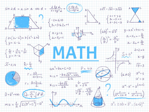 ilustrações, clipart, desenhos animados e ícones de matemática do doodle. equação e gráficos da escola da álgebra e da geometria, fórmulas desenhadas mão da ciência da física. esboço da instrução do vetor - matemática